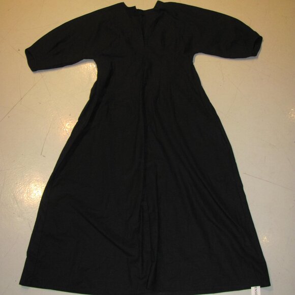 Commense Cotton & Linen Puff Sleeve Midi Shift Dress Black Size XL NWT - Picture 2 of 6